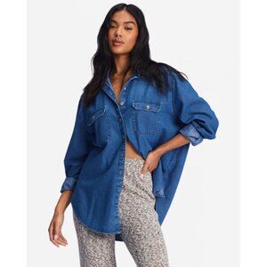 BILLABONG So Stoked Denim Shirt Sz S Blue Long Sleeve Oversized Fit 100% Cotton